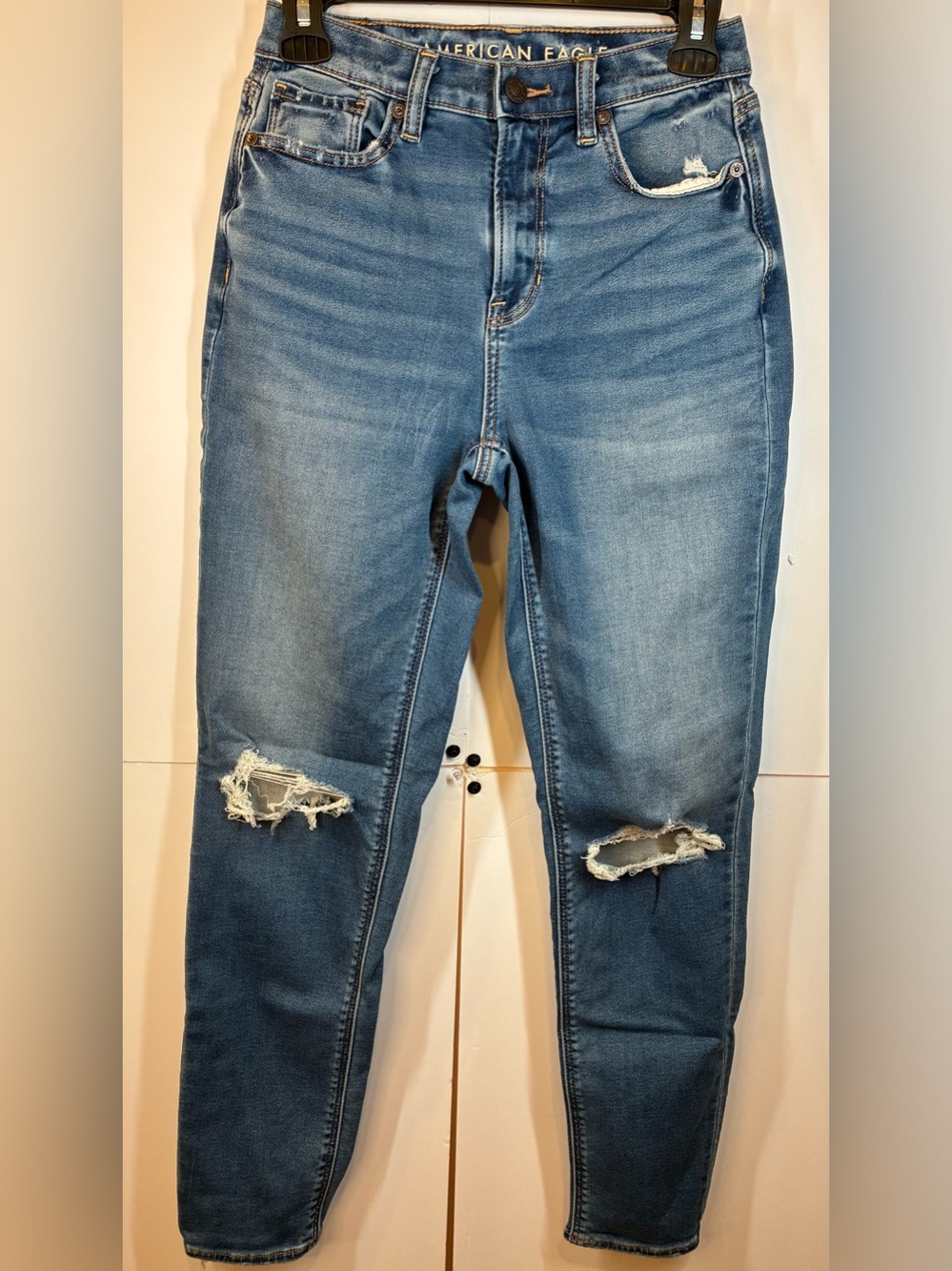 American Eagle Soft Knit High Rise Skinny Jeans Distressed Knee Stretch Size 0